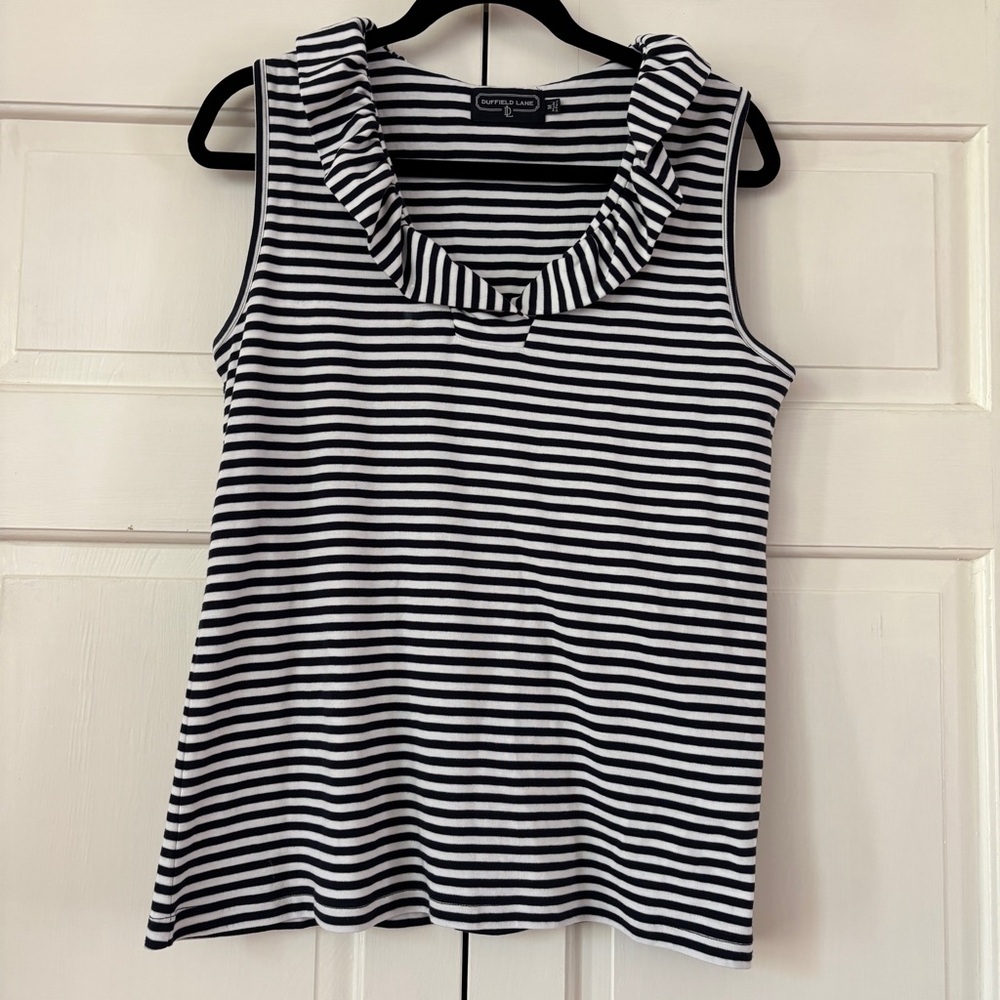 DUFFIELD LANE Navy White Striped Ruffle Top Size Medium Cotton Nautical Shirt‎